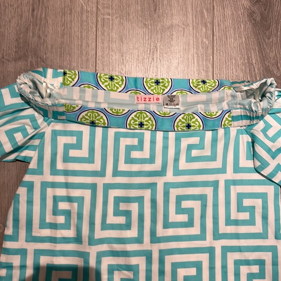 Unique Turquoise blue and white Greek key patterned off the shoulder shirt . - Picture 9 of 9